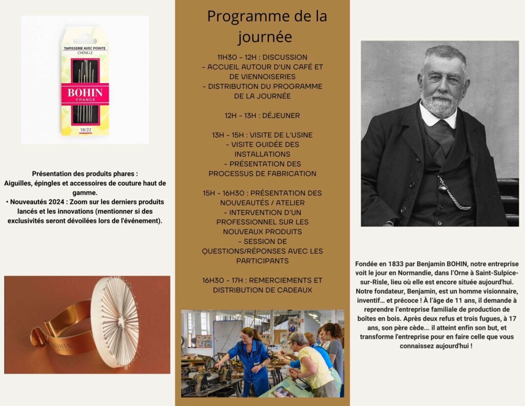 Programme journée évènement Bohin
Produits phares bohin
Histoire Bohin